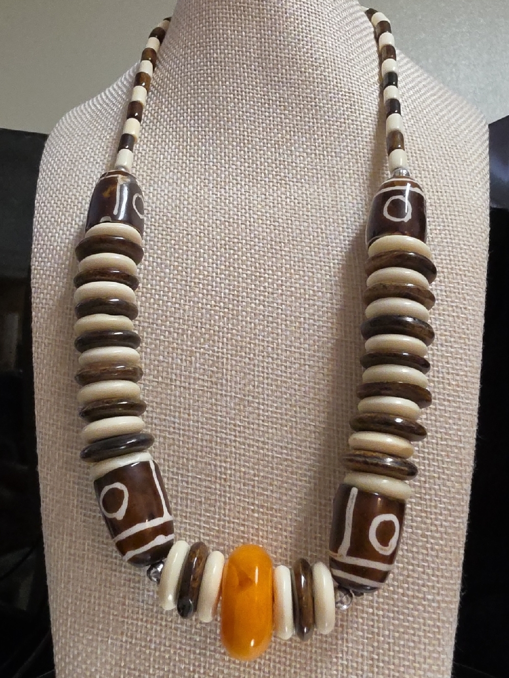 Vintage Tribal Marbled EggYolk Resin Trade Bead and Batik Bone and Wood Necklace